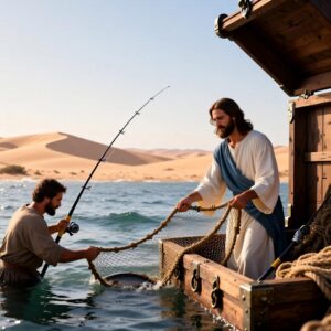 Jesus subiu no barco de Simão para ensinar a multidão que o apertava na margem.